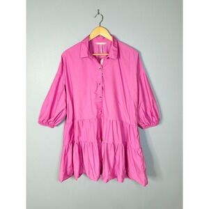 Free People Women's Pink Tiered Mini Dress‎ Size M Collared Button Front